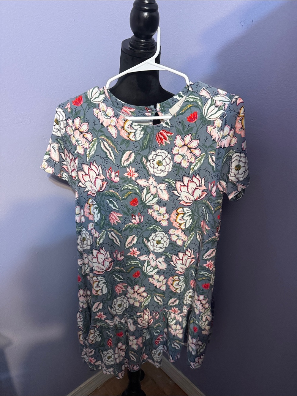 LOFT Floral Short-Sleeve Tunic in Slate Blue and Pink Accents